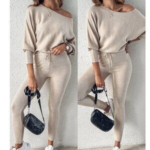 ChicMe Beige 2-Piece Lounge Set–Skew Neck Top & High-Waist Pants Sz Small (NWOT)